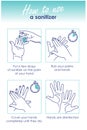 How to use a hand sanitizer to clean and disinfect hands. Medical instruction. Vector illustration