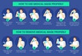 How to use and remove a surgical mask properly for prevent virus. Illustration of man presenting step by step how use and to Royalty Free Stock Photo