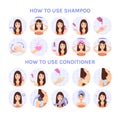 How to Use Shampoo, Conditioner, Balm for Long Hair. Steps. Instruction. Beautiful Brunette Woman Washes and Applies Foam Head.