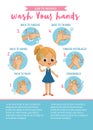 How to wash your hands Six Step Poster Infographic illustration for children. Poster with the cute Blond girl shows how