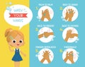 How to wash your hands 6 Step Poster Infographic illustration. Poster with the cute girl shows how to wash hands