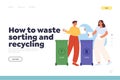 How to waste sorting and recycling concept of landing page with man and woman throw glass and paper