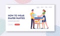 How to Wear Diaper Panties Landing Page Template. Young Parents Characters Change Nappy to Newborn Baby on Table Royalty Free Stock Photo