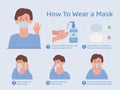 How to wear a mask for prevent virus and bacteria. Illustration about correct way to use surgical mask with cute young man cartoon