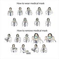 How to wear medical mask and How to remove medical mask properly vector illustration sketch doodle hand drawn with black lines Royalty Free Stock Photo