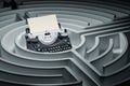 How to write a book, solution concept. Typewriter inside labyrinth maze. 3D rendering