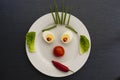 How you eat, that`s how you look. Eggs, radish, lettuce and tomato on a plate with pepper forming a face. Royalty Free Stock Photo