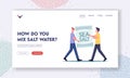 How you Mix Salt Water Landing Page Template. Tiny Male Characters Holding Bag with Sea Salt for Aquarium, Aquaristics