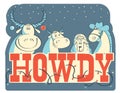 Howdy Christmas card illustration with farm animals and holiday text