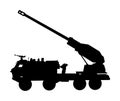 Howitzer artillery launcher truck silhouette illustration. Missile Rocket carrier with cannon. Nuclear bomb test, war.