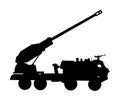 Howitzer artillery launcher truck vector silhouette illustration. Missile Rocket carrier with cannon. Nuclear bomb test, war.