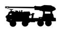 Howitzer artillery launcher truck vector silhouette illustration. Missile Rocket carrier with cannon. Nuclear bomb test, war.