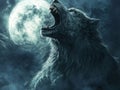 A howling werewolf against a backdrop of a full moon and misty clouds Royalty Free Stock Photo