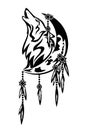 Dreamcatcher with moon crescent and howling wolf head black vector design Royalty Free Stock Photo