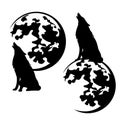 Howling wolf and full moon black and white vector silhouette set Royalty Free Stock Photo