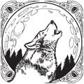 Howling Wolf Head with Moon and Ornate Frame Vector Illustration Royalty Free Stock Photo