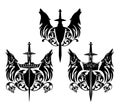 Howling wolf with king crown, sword and roses black and white vector heraldic design