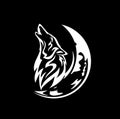 Howling wolf and moon crescent black and white vector silhouette Royalty Free Stock Photo