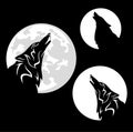 howling wolf and full moon disk black and white vector silhouette set Royalty Free Stock Photo
