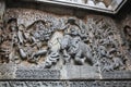 Hoysaleswara Temple outside wall carved with sculpture of Lord Indira chasing Lord krishna for stealing parijatha flower