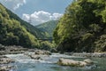 Hozugawa River by the rocky green hills.