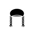 Hppie beret with pigtail. Black vector icon in a simple style. Isolated