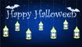 Dark blue Happy Halloween banner with two white bats, luminous stars, text and lamps hanging from the sky