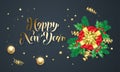 Hppy New Year golden decoration and gold font calligraphy greeting card design. Vector Christmas gift box on tree wreath decoratio