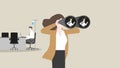 HR businesswoman uses binoculars to find a candidate replace a sick employee, saline drip