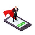 HR concept. Superhero on a smartphone screen on a white