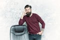 HR department. Empty chair. Bearded boss stand in office. Job offer. Guy thinking. Business decision. Office worker Royalty Free Stock Photo