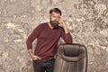 HR department. Empty chair. Bearded boss stand in office. Job offer. Office worker. Need change of scenery. Vacant Royalty Free Stock Photo