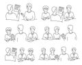 HR interview sketch set. Employee screening, talking with a job applicant. Male recruiter hired, reading resume. Hand