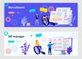 HR management landing page with people characters. Recruitment research, staff headhunting web banners. HR manager evaluating