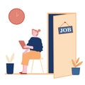 Hr Recruitment Concept. Candidate Woman with Cv in Hand Sitting on Chair Front of Door for Giving Job Interview