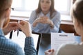 HR team thinking considering woman candidature during interview Royalty Free Stock Photo