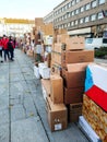 Hradec Kralove, Czech Republic - November 17, 2019: People rebuilding wall of boxes from 1989