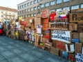 Hradec Kralove, Czech Republic - November 17, 2019: People rebuilding wall of boxes from 1989