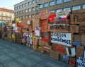 Hradec Kralove, Czech Republic - November 17, 2019: People rebuilding wall of boxes from 1989