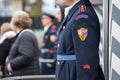 Close up on Prague Castle Guard, with the name Hradni Straz, meaning Castle Guard in Czech, in front of the Castle.