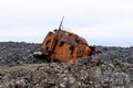 Hrafn Sveinbjarnarson III Ship Wreck, remains at a breakwater in a lava field in Grindavik, since 1988. Shipwreck in Iceland Royalty Free Stock Photo