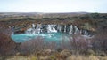 hraunfossar horizontal waterfall in Icealand. Beautiful and majestic landscape tourist attraction place