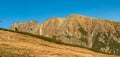 Hreben Bast mountain ridge from hiking trail bellow Chata pod Soliskom hut in autumn Vysoke Tatry mountains in Slovakia