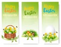 Hree Easter Sale banners. Colorful eggs and spring flowers