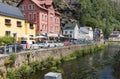 HRENSKO, CZECH REP - JULY 19, 2020. Hrensko and river Kamenice on the Czech-German border with amazing sandstone pillars behind,