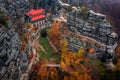 Hrensko, Czech Republic - Aerial panoramic view of Falcon\'s Nest at Pravcicka Brana in Bohemian Switzerland National Park Royalty Free Stock Photo