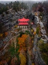 Hrensko, Czech Republic - Aerial panoramic view of the famous Pravcicka Brana in Bohemian Switzerland National Park Royalty Free Stock Photo