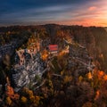 Hrensko, Czech Republic - Aerial panoramic view of the Pravcicka Brana in Bohemian Switzerland National Park Royalty Free Stock Photo