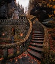 Hresko, Czech Republic - Curvy stone steps and stone cottage in the Czech Bohemian Switzerland National Park at autumn Royalty Free Stock Photo