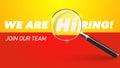 We are hring banner with magnifying glass, minimal yellow red job vacancy vector background for social media post. Bold White